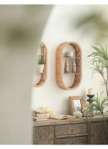 Detailed view of hand-woven oval bamboo wall shelf featuring natural texture and rustic charm