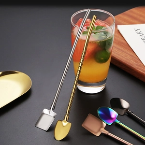 304 Stainless Steel Straw Spoon 2-In-1 Creative Shovel Shape Reusable Long Handle Coffee Stirring For Dessert