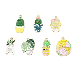 Set of seven Nordic enamel plant charms featuring cactus and pineapple alloy pendants
