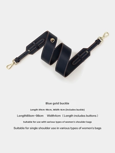 Adjustable dark blue leather shoulder strap with gold hardware and white contrast stitching