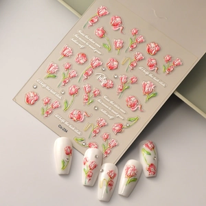 3D relief tulip nail stickers with pink flowers and silver dots on exhibition tips