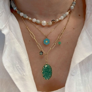 Natural Stone Artificial Pearl Beaded Necklace Stainless Steel Flower Oval Pendant Elegant Layered Jewelry For Women