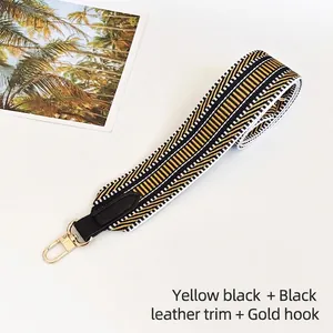 Detail of colorful woven shoulder strap with wave pattern and gold metal swivel hook