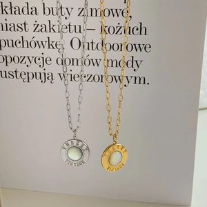Vintage style stainless steel coin pendant necklace with white shell inlay in gold and silver