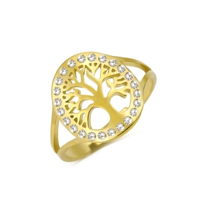 18K gold plated stainless steel tree of life ring with crystal halo on white background