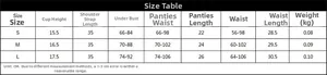 Detailed size chart for mesh lingerie set showing measurements for S, M, and L sizes