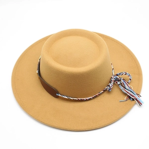 Classic camel wide brim wool fedora hat with bohemian woven rope and tassel detail