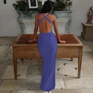 Detail of cross-back straps and open back design on a purple bodycon summer dress