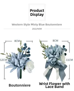 Détail de la boutonnière et du corsage de poignet de mariage bleu brume avec dentelle