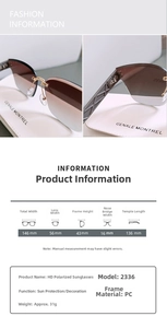 Detailed size chart for rimless sunglasses showing lens width and frame measurements