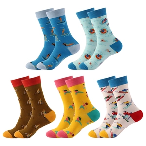 Five pack of cotton crew socks featuring blue, brown and white colors with sports motifs