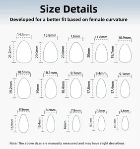 Detailed size chart for pink almond press-on nails showing width and height specifications