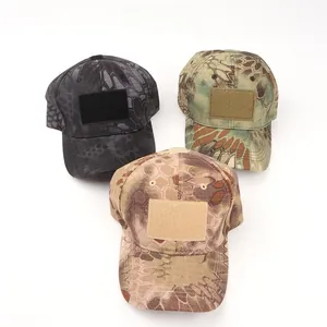 Three camouflage tactical caps featuring hook and loop patches in various camo patterns