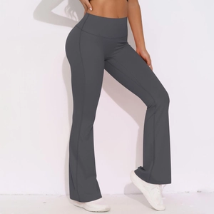 Close-up of high-waisted charcoal yoga flare pants with slimming side seam construction