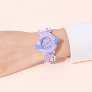 Close-up of purple silicone strap with 3D cartoon unicorn on a children's watch