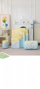 Detail of multi-size mesh laundry bags with summer cartoon prints and yellow zippers