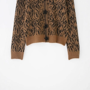 Women's leopard jacquard knit cardigan with 3D floral beaded buttons and ribbed trim