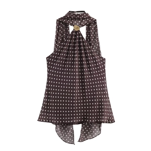 Women Polka Dot Halter Top Chiffon Gold Metal Ring Sleeveless Slim Fit Summer Vacation Coffee Backless Elegant Blouse