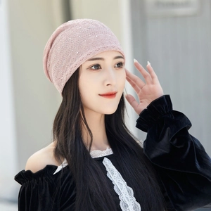 Pink lace slouchy beanie for women featuring sparkling rhinestones and floral patterns