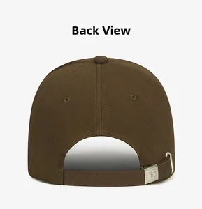 Detail view of the brown baseball cap back with adjustable metal buckle and logo