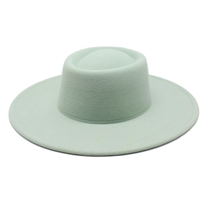 Mint green flat brim wool felt hat with cylindrical crown design and retro style