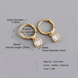 S925 sterling silver gold-plated hoop earrings with clear cubic zirconia drop charms