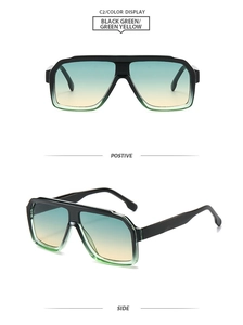 Detail view of square oversized sunglasses with black frame and gradient yellow lenses