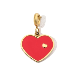 Close-up of heart-shaped charm with red enamel finish and golden metal borders