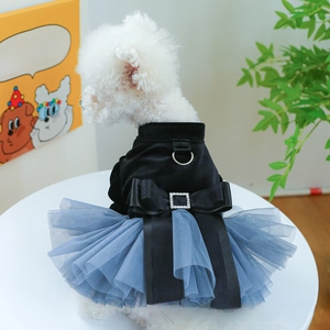 Detail of pet princess dress featuring black velvet top, grey tulle skirt and crystal buckle