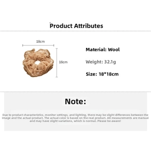 Detailed specifications of crochet yarn flower scrunchie measuring 18x18cm and weighing 32g