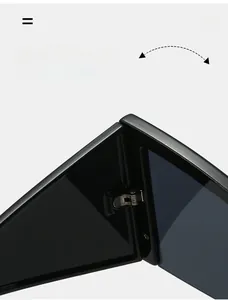 Close-up of durable silver metal hinge on oversized black cat-eye sunglasses
