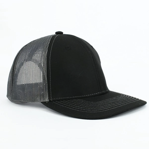 Side view showing black fabric peak and breathable grey mesh back on the trucker hat