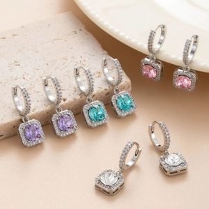Elegant square zircon dangle earrings in silver finish with colorful gemstones and pavé accents