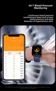 Smartwatch app showing 24-hour blood pressure monitoring data and health trends report