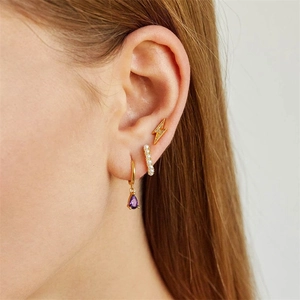 Elegant 14K gold plated earrings set with purple teardrop zircon and pearl ear cuff