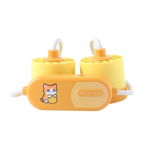 Portable cartoon neck fan in yellow and orange with USB charging and dual air outlets