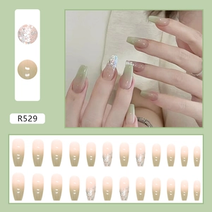 Press-on nagels R529 met groen kleurverloop en zilveren glitters, set van 24 stuks