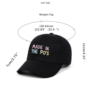 Black 90's embroidery baseball hat with dimensions 58-62cm shown from front view