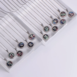 Silver stainless steel letter pendant necklace with iridescent shell inlay A-Z set