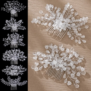Handmade Bridal Hair Comb Crystal Imitation Artificial Pearl Beaded Floral Wedding Hair Accessories For Women Silver Metal Wire