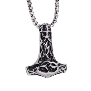 Vintage Thor's Hammer Mjolnir pendant with Celtic knots on a steel box chain