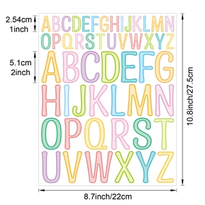 Detailed size chart for 1 and 2 inch waterproof colorful vinyl alphabet letter stickers