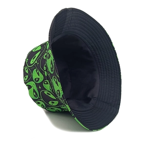 Detail of alien print bucket hat with black inner lining and neon green patterns