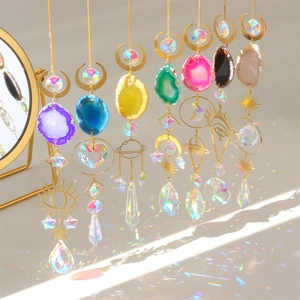 Crystal Sun Catcher With Natural Agate Slices Prism Rainbow Maker Window Hanging Celestial Gold Metal Home Garden Decor