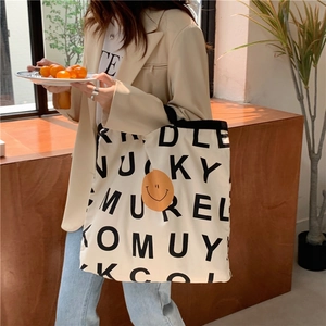 Canvas Tote Bag Lächeln Gesicht Buchstaben Druck Große Kapazität Schulter Handtasche Lässig Mode Damen