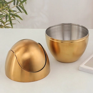 Mini gold egg-shaped desktop trash can and bowl set in brushed 304 stainless steel