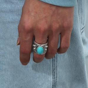 Vintage Bohemian Alloy Ring With Turquoise Oval Stone Antique Silver Open Adjustable Carved Finger Jewelry For Women