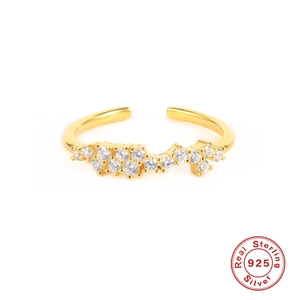 S925 sterling silver open ring in gold with sparkling round zircon cluster design