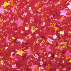 Macro shot of vibrant red AB iridescent star-shaped acrylic beads for DIY crafting