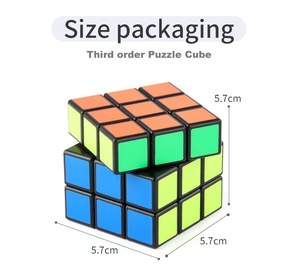 Detail view of 5.7cm third order puzzle cube with dimensions and standard black base